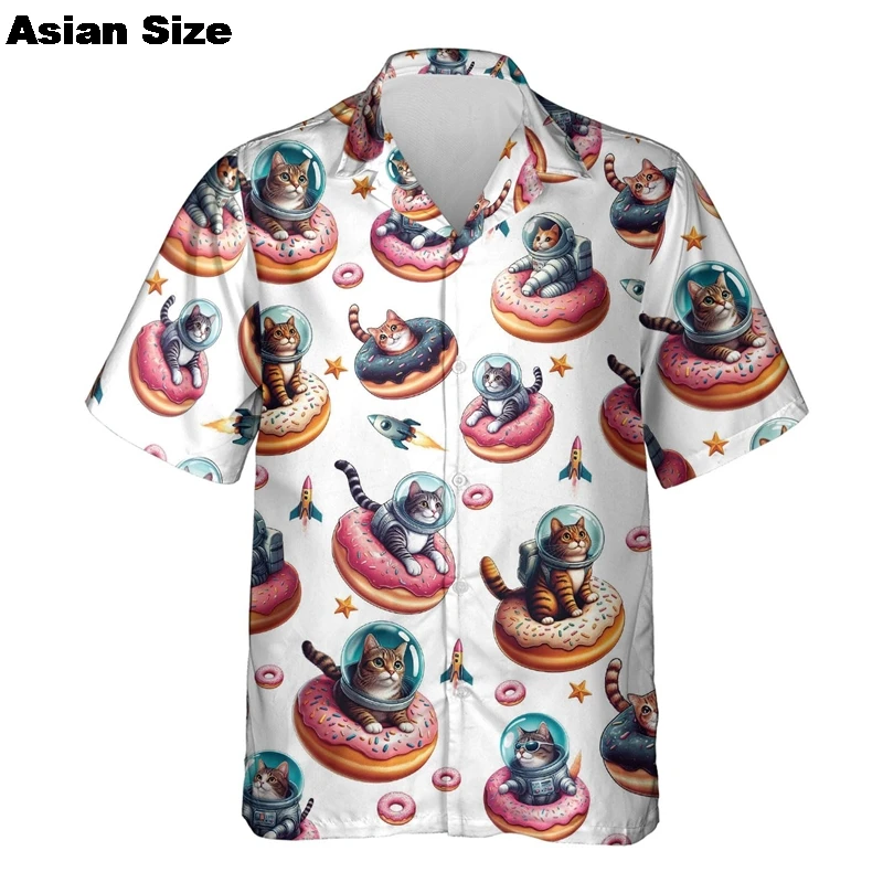 Hamburger Pizza Graphic Beach Shirt For Men Colorful Cat Planet 3D Print Hawaii 2025 Shirts Summer Loose Short Sleeve Blouses