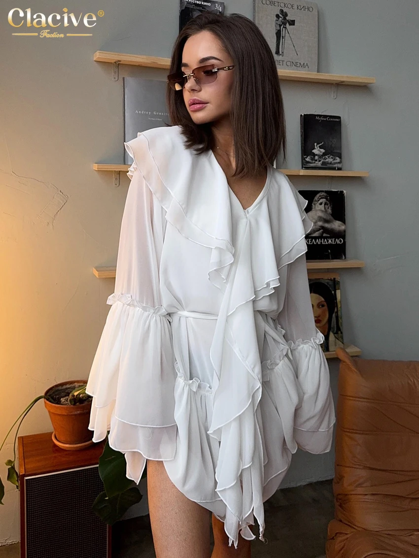 

Clacive Fashion Loose White Women's Dress 2025 Casual V-Neck Long Sleeve Mini Dresses Elegant Classic Ruffle Solid Female Dress