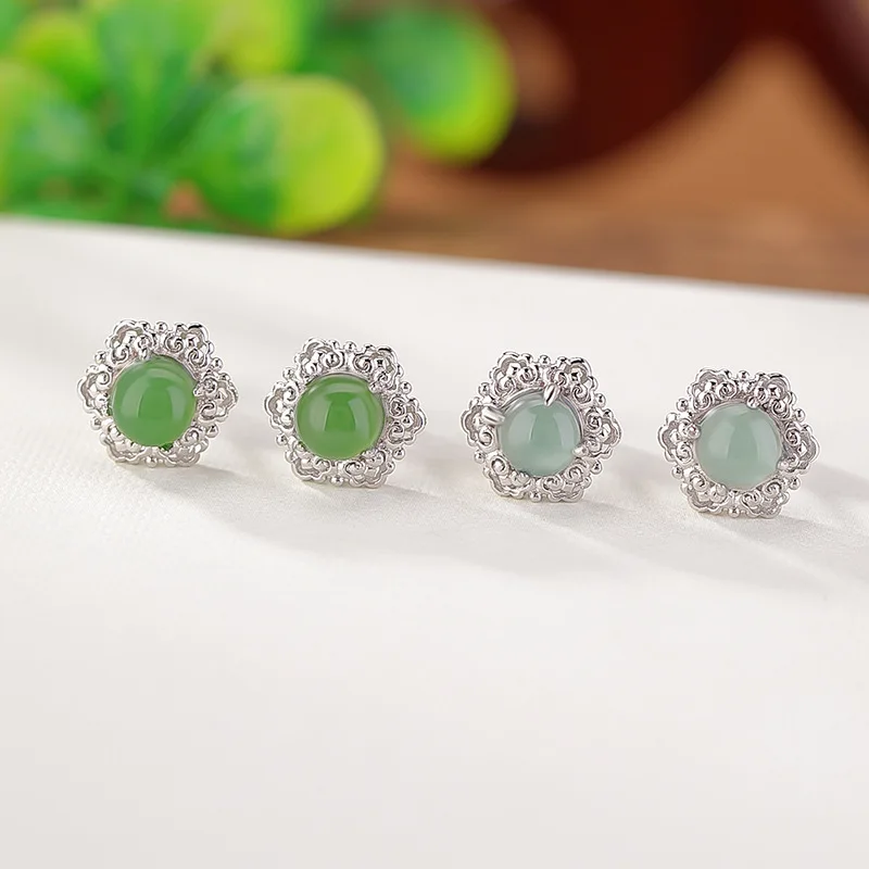 

Серьги-гвоздики Ruyi из стерлингового синего нефрита Hetian Jadeite с круглыми бусинами Ruyi