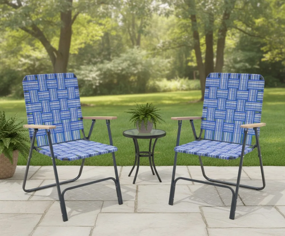 Klappbare Outdoor-Stühle mit Holzarmlehnen – Stahlrahmen und blau gewebtem Stoff, bequem für Garten, Camping, Veranstaltungen (2er-Pack)