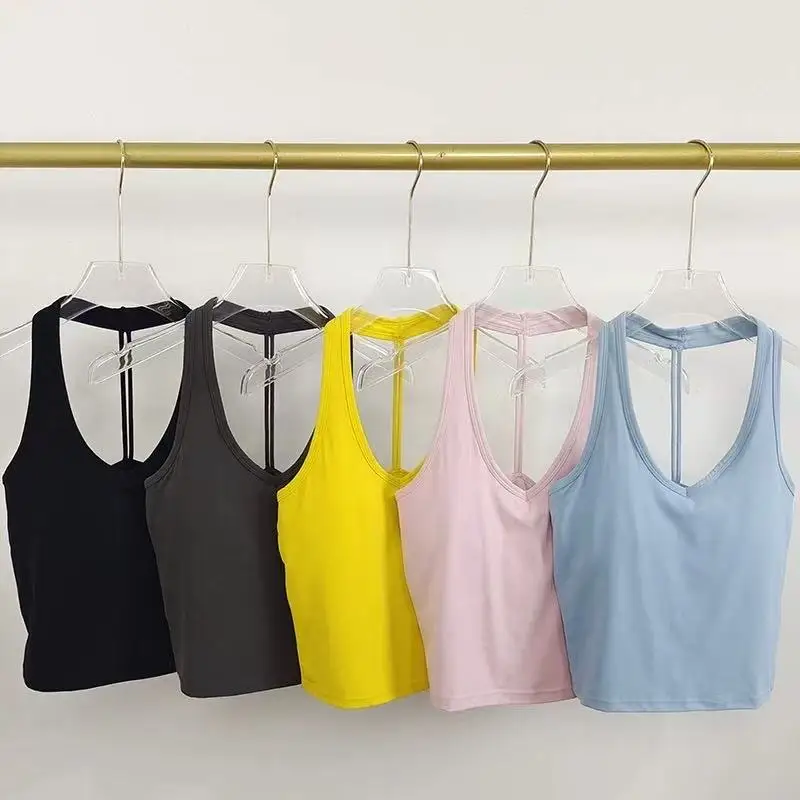Women's Summer V-Neck Yoga Sports Vest Hanging Back Neck Design Outdoor Running Training Gathered Fit Active Wear Top