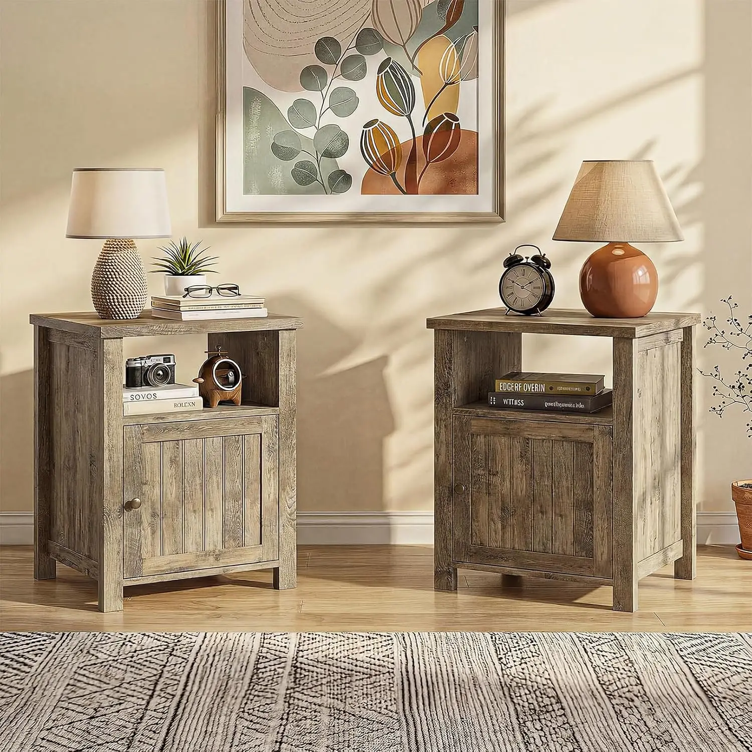 Farmhouse Nightstands with Storage | End Table Set of 2, Open Shelf, Rustic Bedside Table Set of 2 for Bedroom, Wash Gray