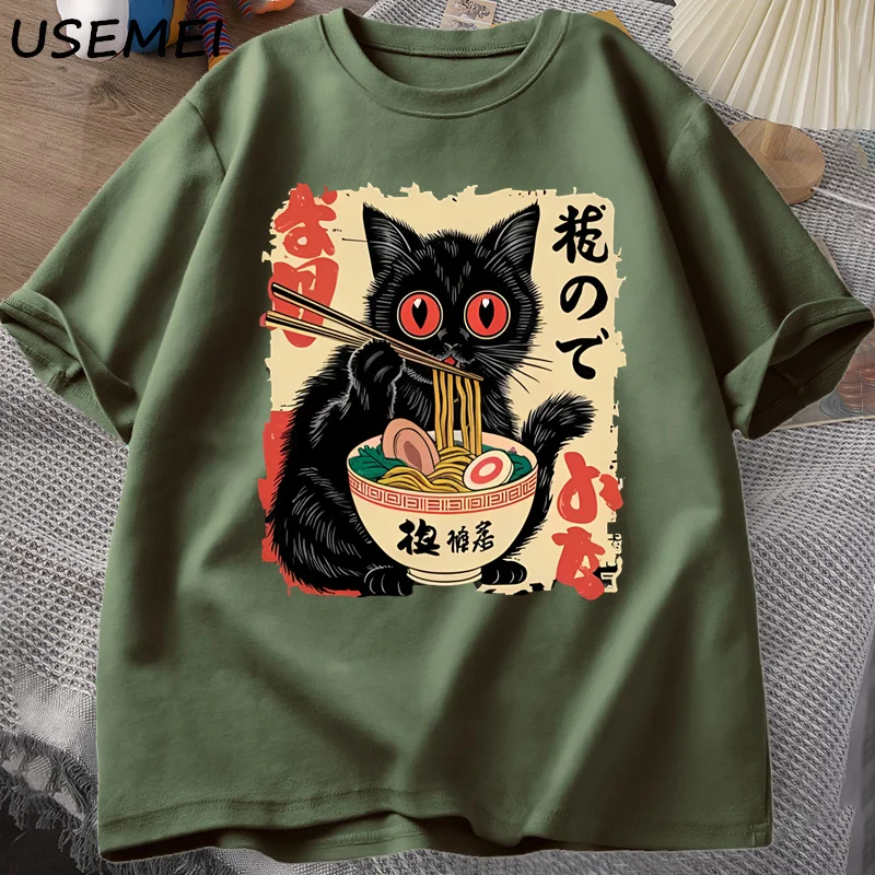 Vintage Japanese Black Cat Ramen T Shirts Cute Graphic Tee Funny Cat Eating Ramen T-Shirt Printing Cotton Short Sleeve Vintage image 4