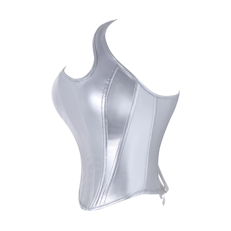 

Женский серебряный корсет из искусственной кожи, укороченный бюстье, жилет, готический лиф с эффектом пуш-ап, сексуальное женское белье, корсет для вечеринки, короткие майки, большие размеры