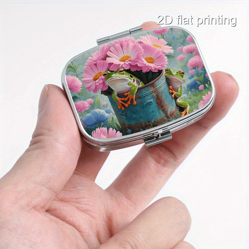 Square Sealed Box with Flower and Frog Pattern Print, Two-Compartment Sealed Pill Box, Mini Portable Sealed Box, Suitable for Travel, Outdoor Activities, or as a Portable Sealed Box for Wallets or Bags, Multifunctional Metal Box for Decorations, Jewelry, Earrings, Sealed Box for Vitamins, Multi-Compartment Storage Box, Organizer Box, Suitable for Home Use, Travel, Sealed and Moisture-Proof, Unique Holiday Gift, Birthday Small Gift, Collection Box