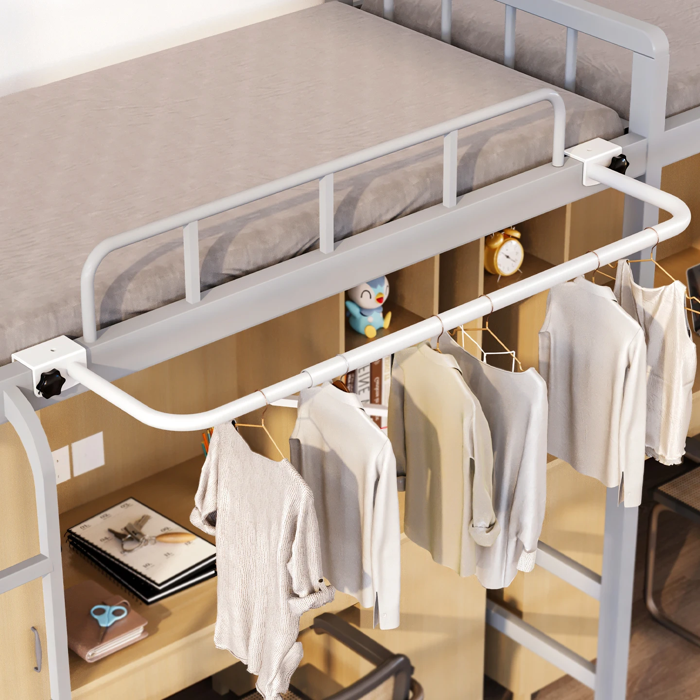Varal Expansível para Cama, Cabideiro para Beliche Superior de Dormitório, Essencial para Estudantes, Ferramenta de Organizaç...