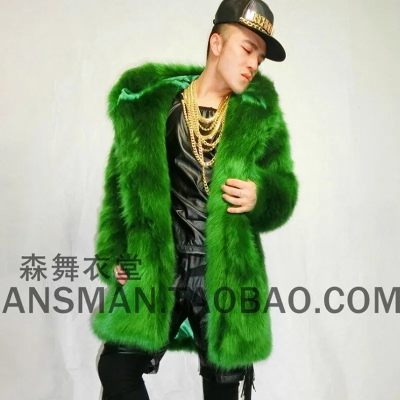 Winter Women And Men New Slim DJ Singer Coat Male Fashion Beyonce Green Imitation Fox Fur Long Hooded Jacket Costumes Plus Size