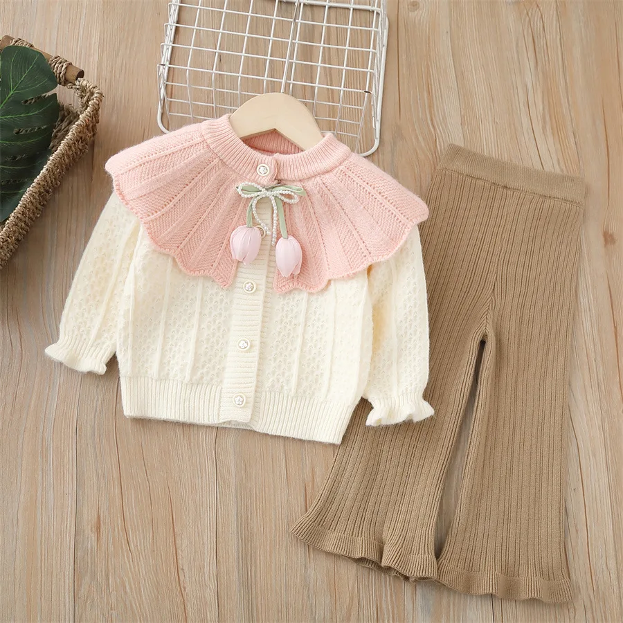 Children's Clothing Sets Tulip Lapel Sweater + Wide-leg Pants Winter Baby Girl Clothes Knit Sweater Toddler Cardigan for 2-6 Y