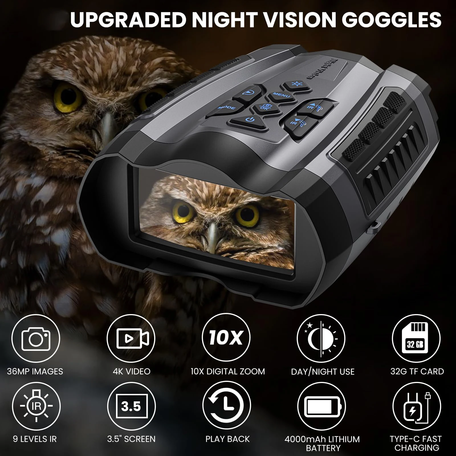 Binocular Night Vision Telescope Goggles 10x Digital Zoom Rechargeable Infrared with 3-inch Large Screen Camp Outdoor Wildlife