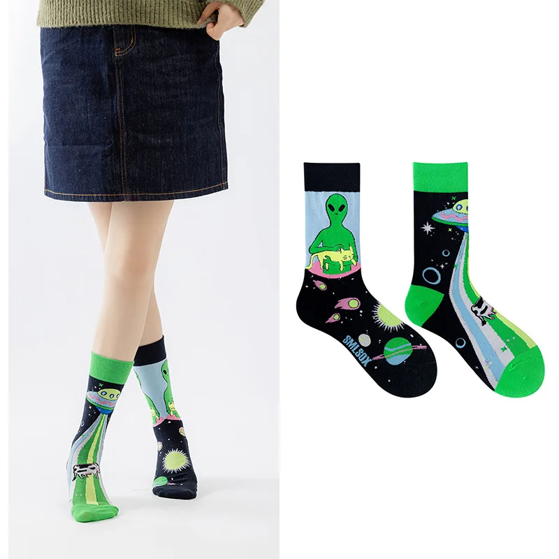 

New Asymmetrical Couples AB Medium Tube Socks Fashion Cat Art Cow UFO Funny Alien Planet Sports Cotton Daily Socks