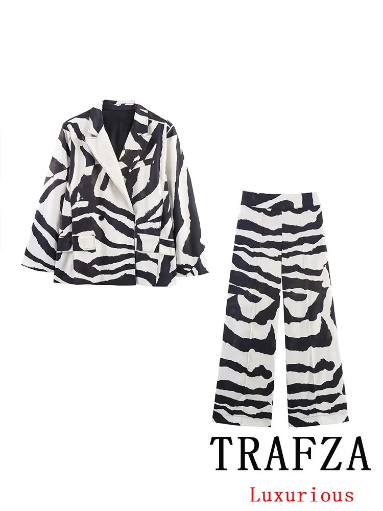 

TRAFZA Office Lady Print Suit V Neck Single Button Pockets Loose Blazer Loose Zipper Pants New Fashion 2025 Autumn Female Sets