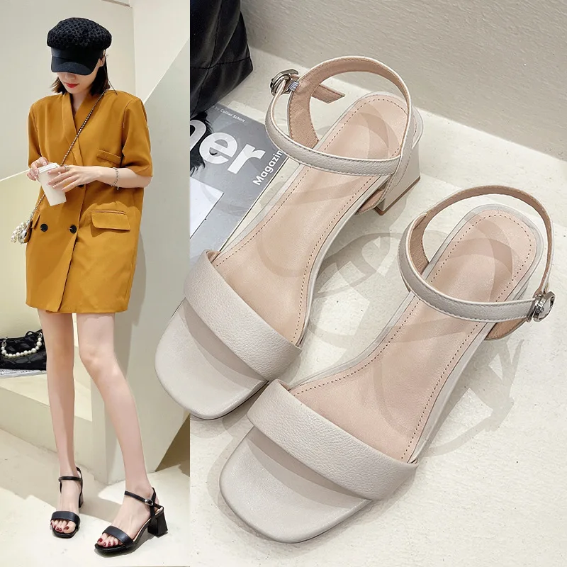 Top layer cowhide sandals for women 2023 summer new minimalist temperament, high heels, comfortable sandals for women