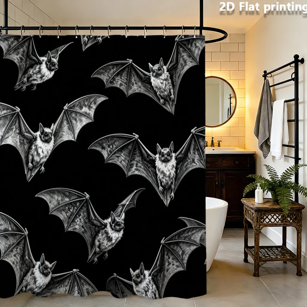 Vintage Bat Pattern Shower Curtain, Black White Gothic Waterproof Bath Curtain, Halloween Horror Bathroom Decor for Party