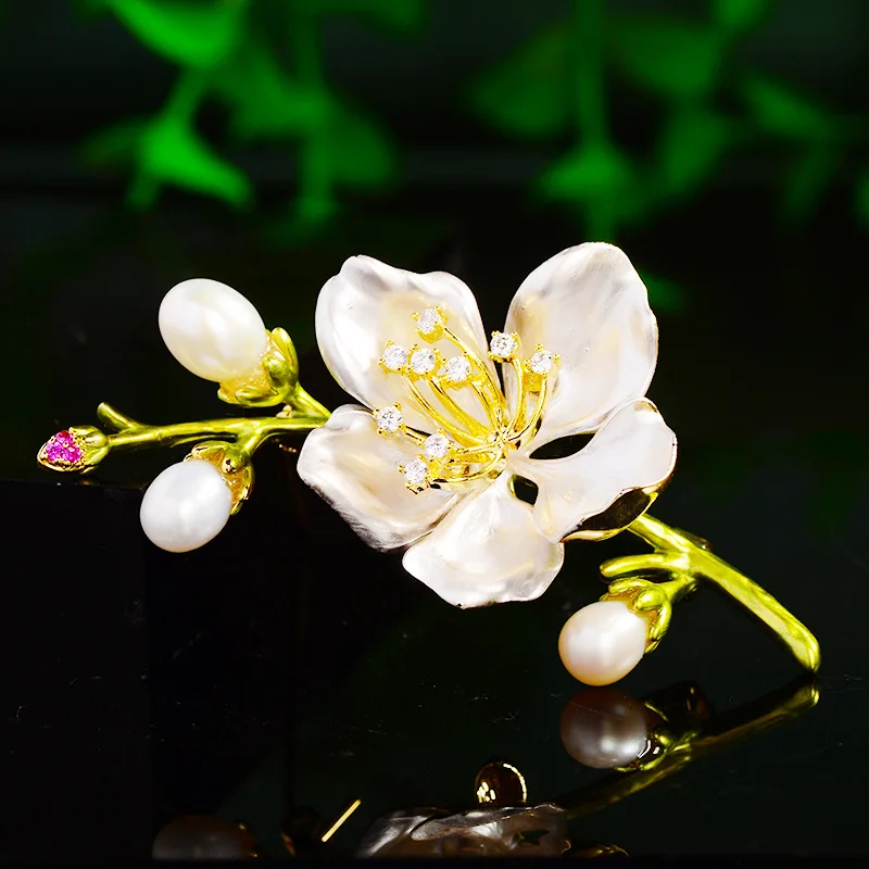 Chinese Style Lucky Auspicious Peach Blossom Brooch With Pearl Accents Elegant Floral Branch Pin Trendy Jewelry For Women Gift