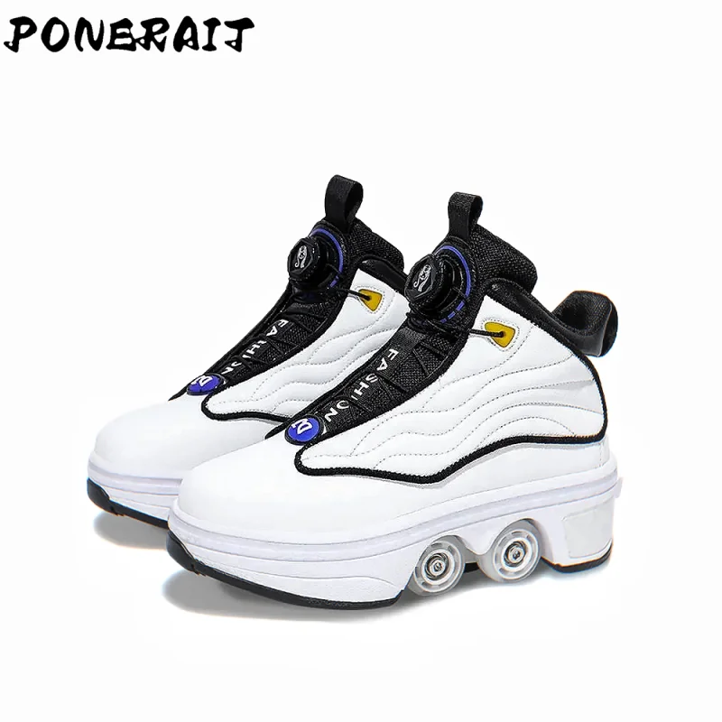 Women's Speed 4-Wheel Detachable PU Sneakers Dual-Purpose Flashing Roller for Boys Girls Children Fashionable Wheel Sneakers
