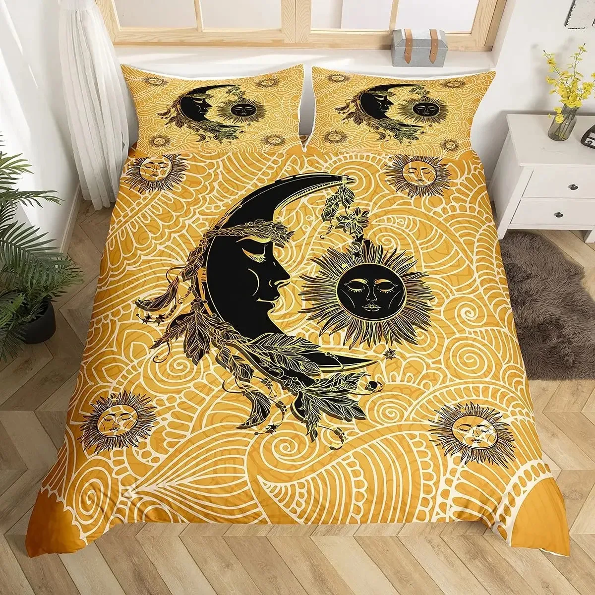 Mandala Duvet Cover Set Sun and Moon Comforter Cover Ties Exotic Style Black and White Botanical Floral Polyester Bedding Set