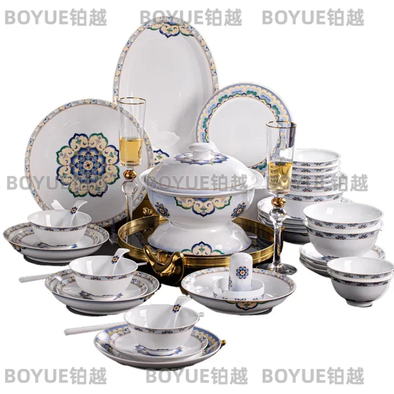 Jingdezhen High Temperature Underglaze Ceramic Tableware Set Household Rice Bowl Vegetable Plate Noodle Soup Bowl White