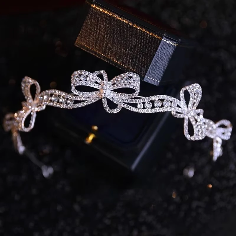 4 Styles Shiny Rhinestones Crown Women's Bridal Luxury Bowknot Tiaras Princess Hair Accessories for Wedding Birthday Party B