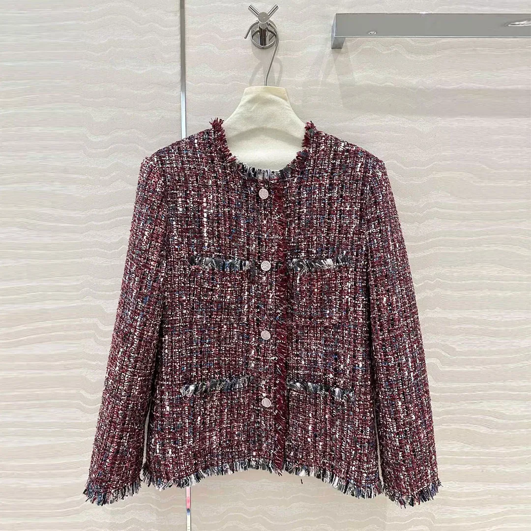 2025 New Spring Fashion Vintage Plaid Woven Tweed Jacket Women O-neck Long Sleeve Pockets Buttons Tassel Sweet Designer Coat