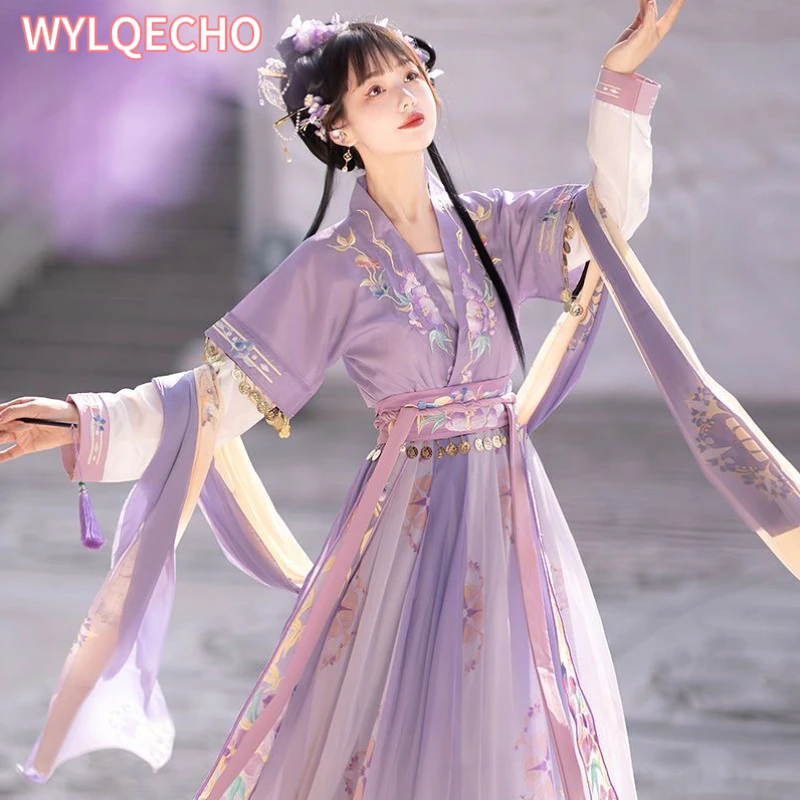 중국 Hanfu 드레스 여성 고대 전통 Hanfu 세트 카니발 요정 코스프레 의상 보라색 파란색 녹색 Hanfu 댄스 드레스