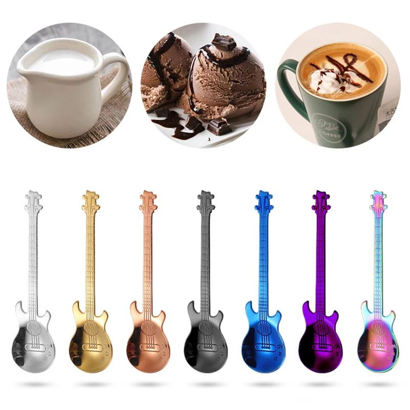 Stainless Steel Guitar Coffee Teaspoons Colorful Dessert Spoon Musical Guitar Demitasse Spoon for Mixing Dessert Ice Cream