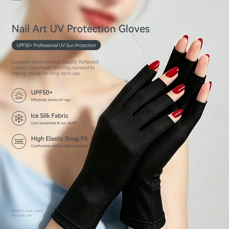 UPF50+ Ice Silk Nail Art UV Protection Gloves, Black White Two Color Fingerless Anti UV Gloves for Nail Gel LED Lamp