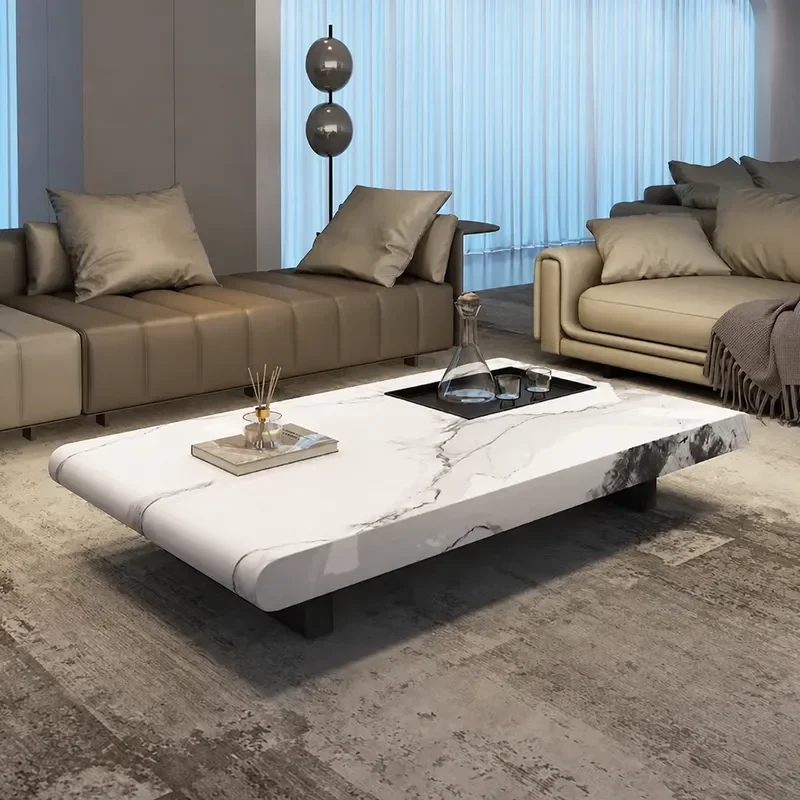 Modern Minimalist White Marble Coffee Table Rectangular Oval Shape for Small Apartment Living Room Home Furniture