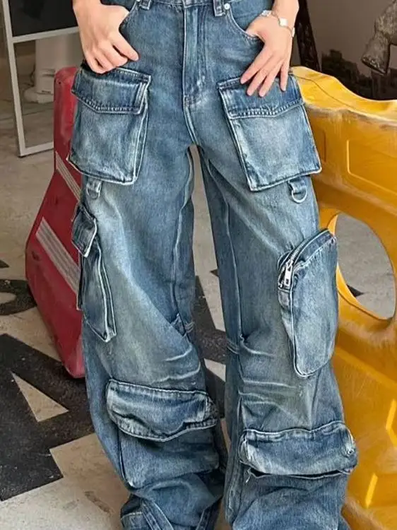 American Retro Workwear Jeans Loose High Waist Straight Leg Multi Pocket Men's Women's Wide Leg Long Trousers Street Style