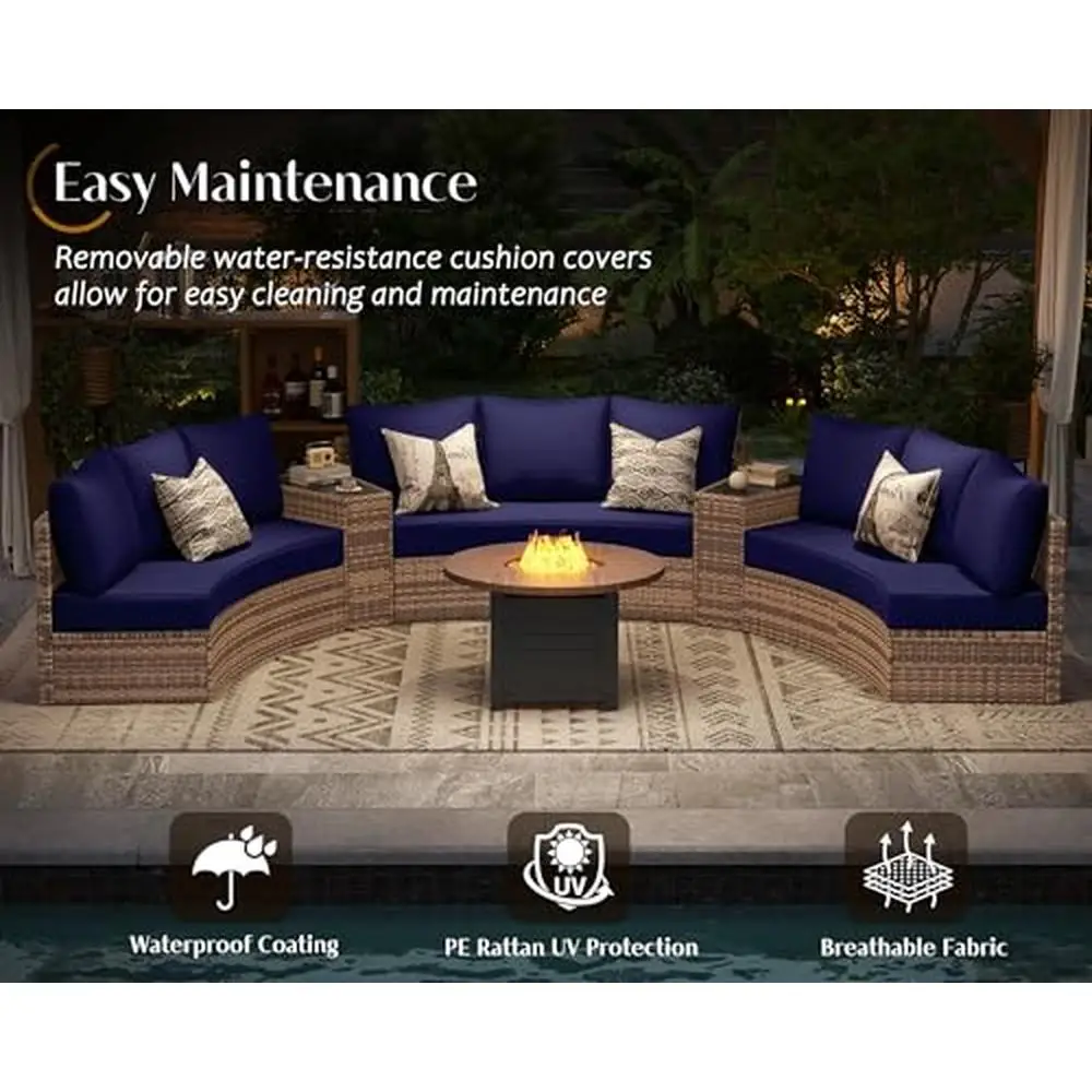 11-Piece Semi-Circular Patio Conversation Set with Large Storage Wedge Table Outdoor Wicker Sofa Set 9 People Blue Cushions