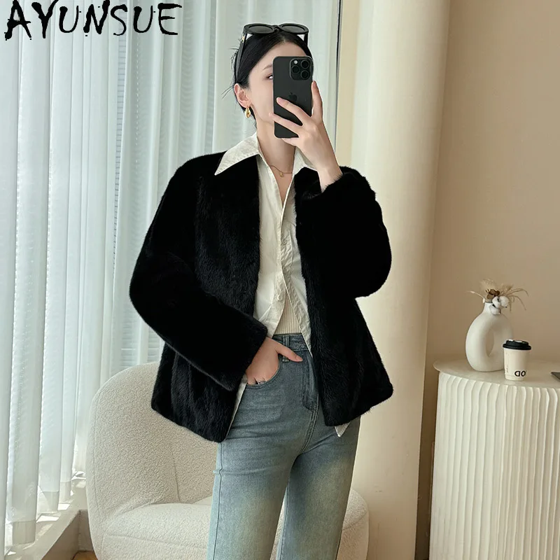 AYUNSUE แจ็คเก็ตขนสัตว์มิงค์ธรรมชาติผู้หญิง V คอยาวแขนยาวเสื้อขนสัตว์จริงสำหรับผู้หญิงเสื้อผ้าทั้งมิงค์คุณภาพสูงอับริโก มูเยร์
