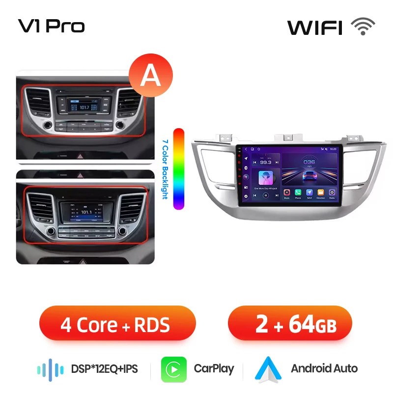 Junsun draadloze CarPlay Android Auto autoradio voor Hyundai Tucson Mk3 (TL) 2015-2020 met ingebouwde koelventilator, Android GPS navigatie, multimediaspeler, WiFi, DSP, RDS, BT, SWC, IPS touchscreen,