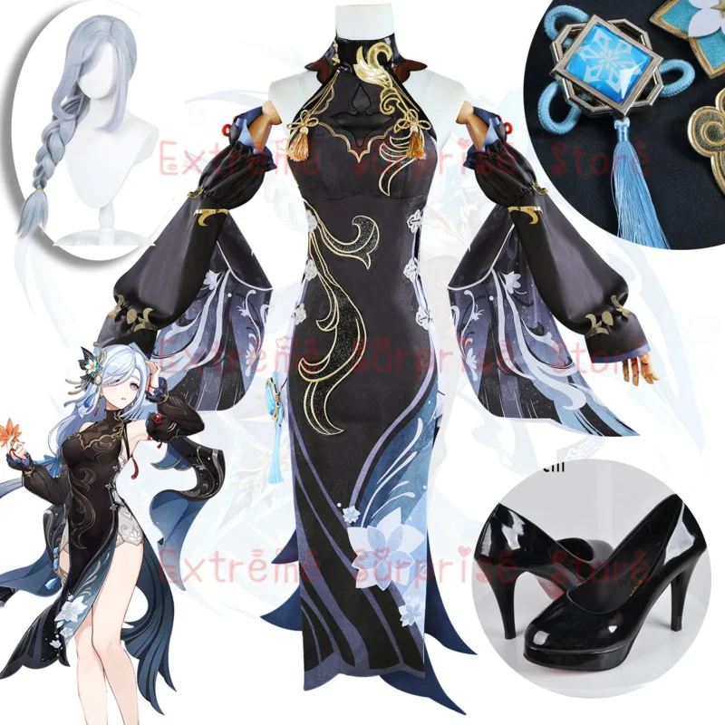 2024 Lantern Rite New Skin Shenhe Cosplay Costume Genshin Impact Cold Flower Secret Dew Shen He Black Slim Cheongsam dress