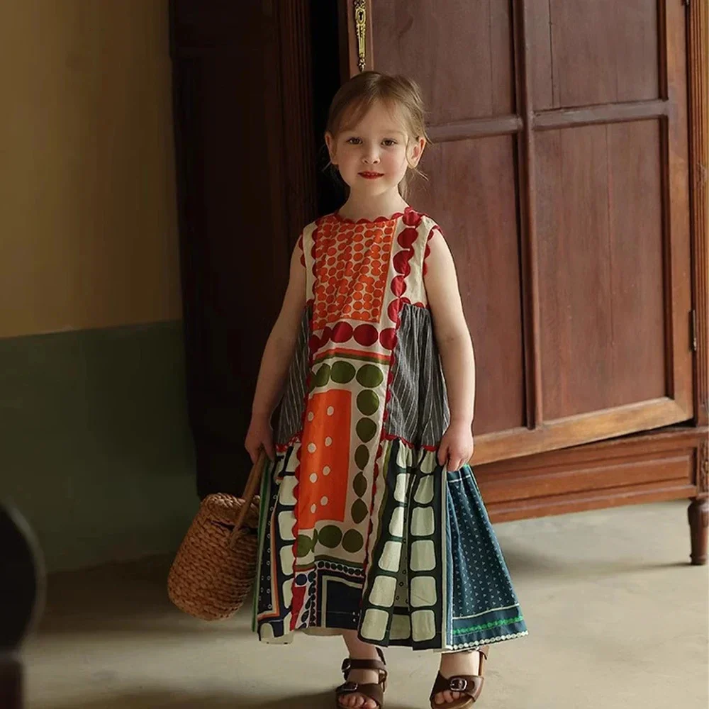 Bear Leader Summer Fashion Girls Casual Dresses Sleeveless Geometric Print Vest Dress Bohemian Style Holiday Children's Clothing
