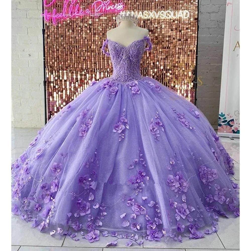 

Блестящее Лавандовое платье Quinceanera, 3D Цветочная аппликация, блестящее женское платье до пола длиной 15 лет