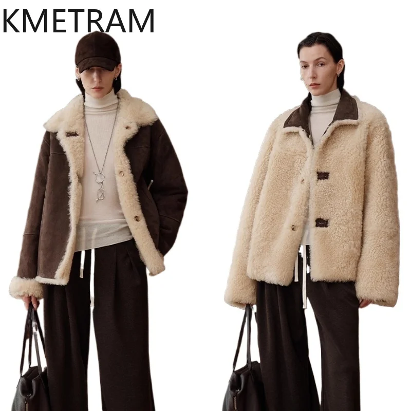 

KMETRAM Natural Merino Sheepskin with Wool Attached Coat Luxury Reversible Real Fur Jacket Winter Woman Clothing шуба женская