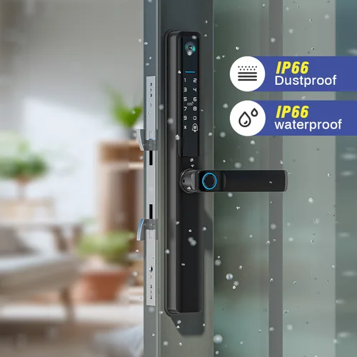 Imagen 2 del producto Tuya-cerradura inteligente delgada con cámara para puerta corredera de aluminio, cierre biométrico de vidrio, resistente al agua, con huella dactilar