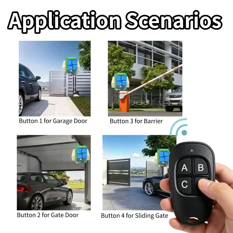 433MHz Universal Wireless Remote Control DC 12V 4CH Relay Receiver Module RF Switch 4 Button Remote Control Gate Garage Opener view 3