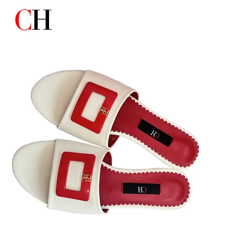 

CH New Trend Exquisite Women's Flat Shoes Niche Brand Fashion Letter Label Square Accessories Classic Women's Slippers