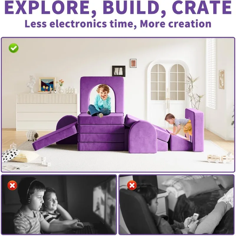 Canapé de jeu modulaire violet pour salle de jeux et chambre à coucher, canapé multifonctionnel pour jouer, canapé de couchage créatif pour tout-petits, 10 pièces, 10 en 1