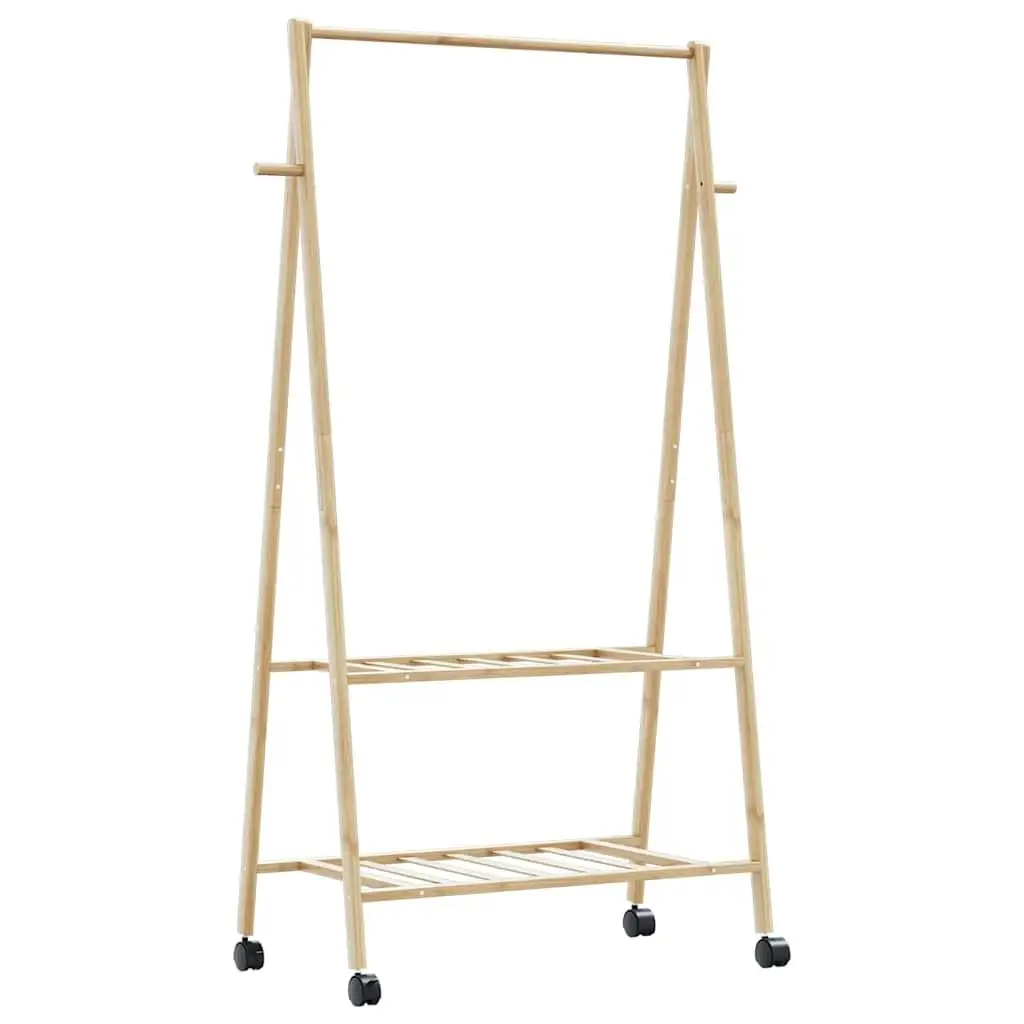 

37.8x17.9x61.2 Bamboo Clothes Rack with Shelves & Rolling Wheels - Stylish Storage Solution