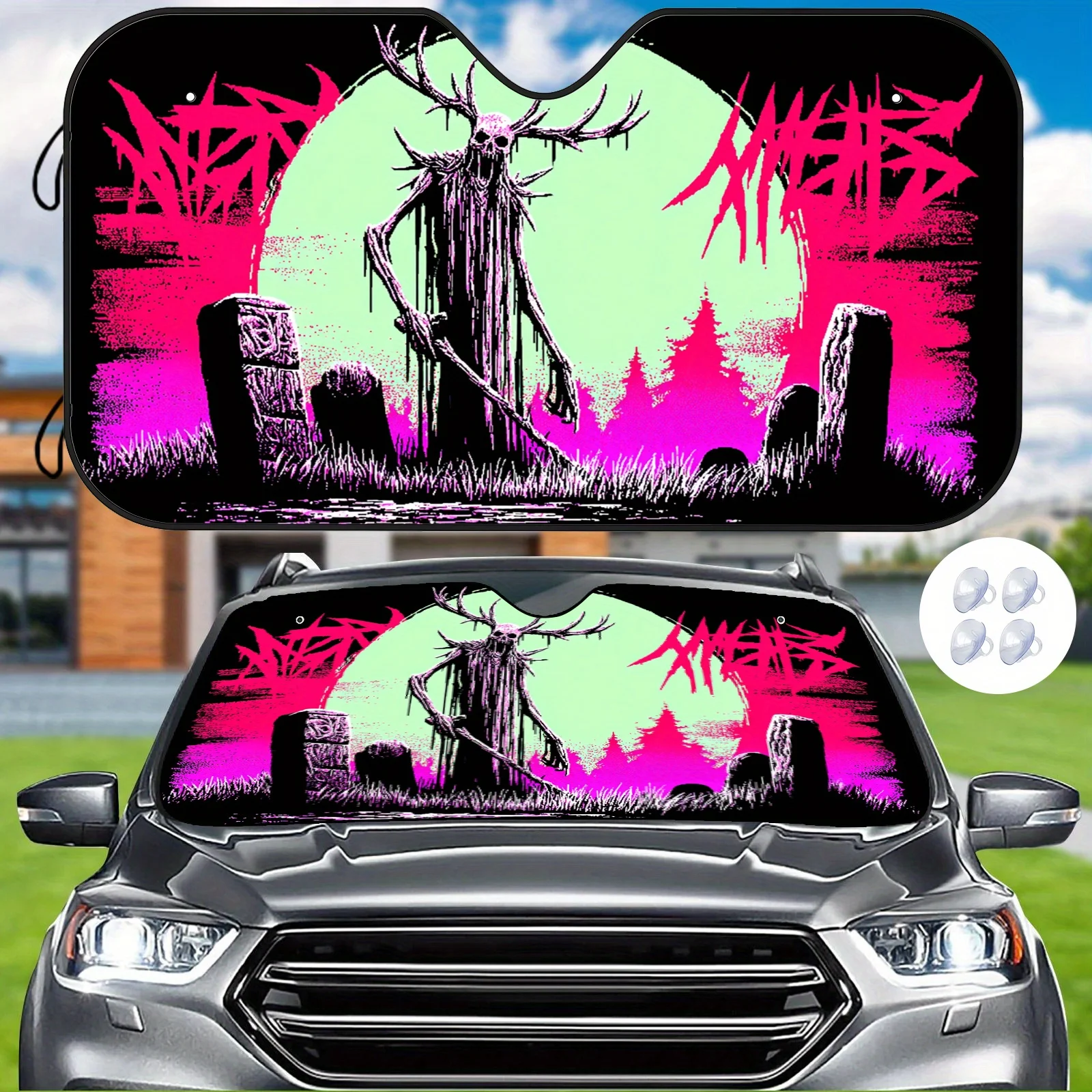 A Bizarre Car Sunshade Featuring A Graveyard With Eerie Tombstones And A Skull-Deer Pattern, Complete With Installation Clips To