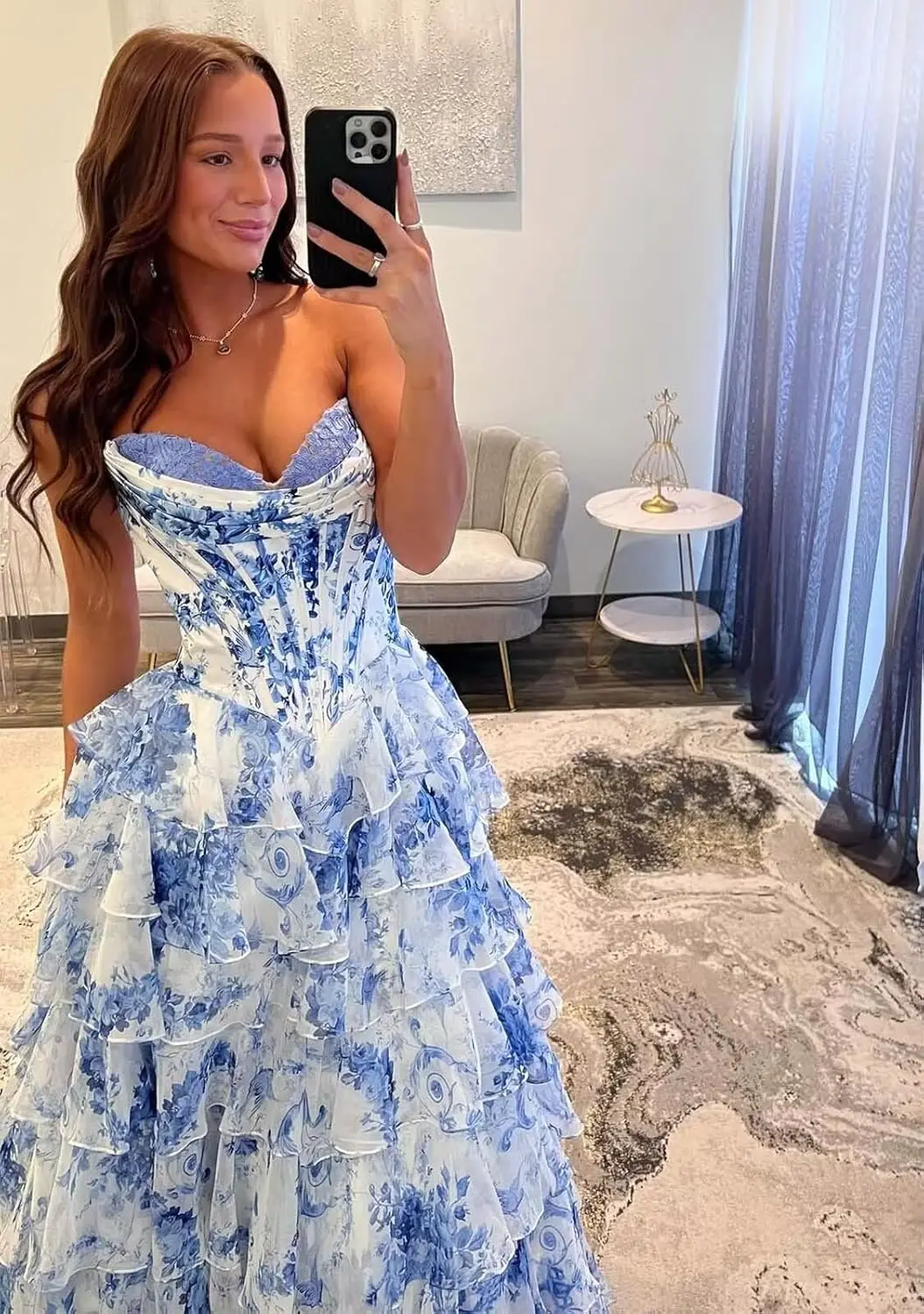 Corset Floral Tiered Prom Dresses for Women 2025 Strapless Long Ruffle Formal Evening Gowns with Slit robe de soirée bleu image 2