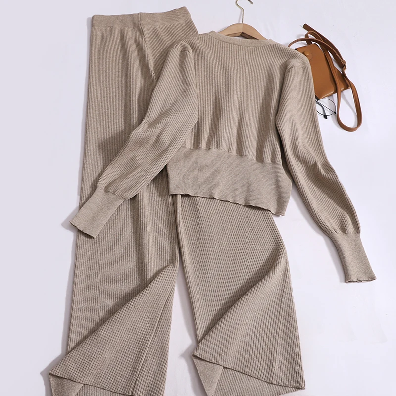 Fashion Pants Suit Vintage Slim-fit V-neck Long-sleeved Sweater Jacket Tops Women Autumn Knitted Wide-leg Trousers Two-piece Set