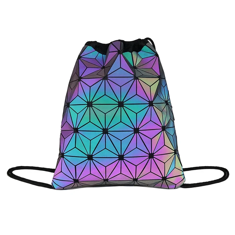 

New Women Drawstring Backpacks Holographic Bagpack Female Luminous Geometric Backpack for Teenage Girls School Bag Travel