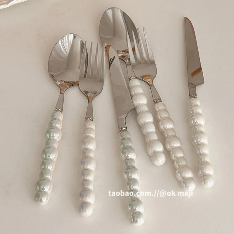 Stainless Steel Knife and Fork Ceramic Tableware Set with High Aesthetic Value Pearl Dessert Tableware Banquet Decoration Gift