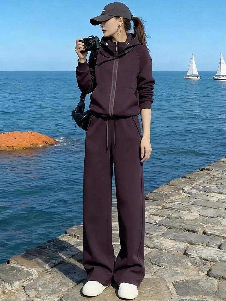 

Повседневный комплект из двух предметов: кардиган с капюшоном и широкие брюки для бега, женский, весенний, новый стиль, европейский бренд, костюм для отдыха