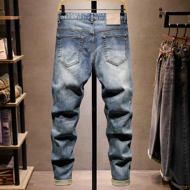 Street Style Fashion Designer Men Jeans Retro Blue Stretch Slim Fit Hole Patched Ripped Jeans Men Vintage Casual Denim Pants