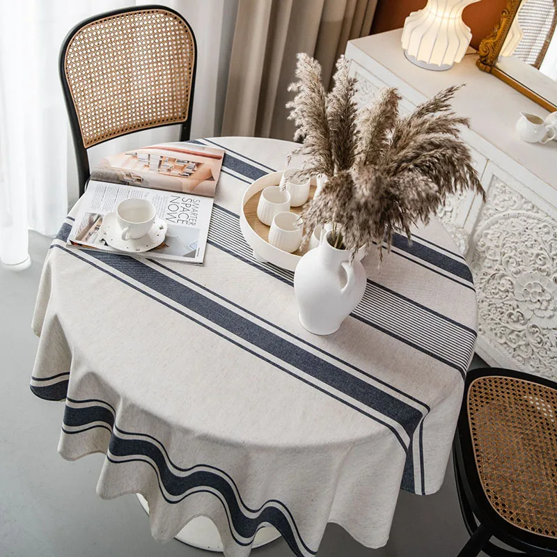 European Five-Stripe Printed Tablecloth Cotton and Linen Round Dustproof Table Cover Anti-Wear Dining Decor for Four Seasons