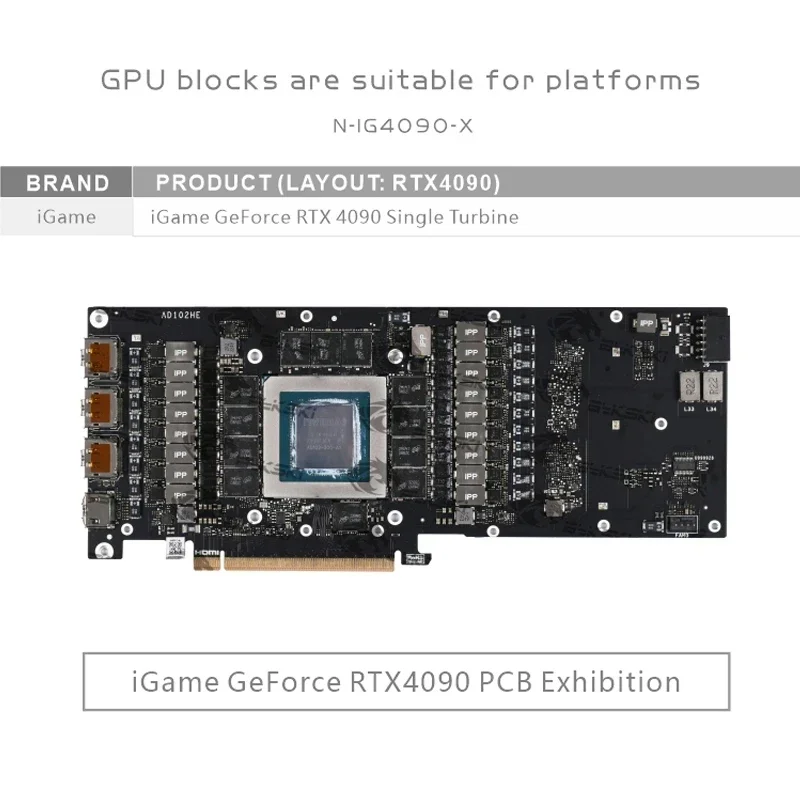 Bykski GPU كتلة المياه لـ iGame GeForce RTX 4090 بطاقة توربينية واحدة / مشعاع تبريد نحاسي RGB AURA N-IG4090-X