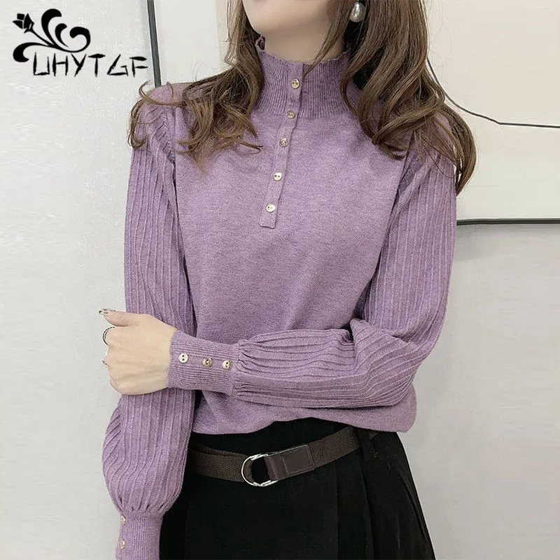 

Autumn Winter Half High Collar Elegant Fashion Solid Bottoming Sweater Female Lantern Sleeve Knitting Jumper Loose Pullover Top